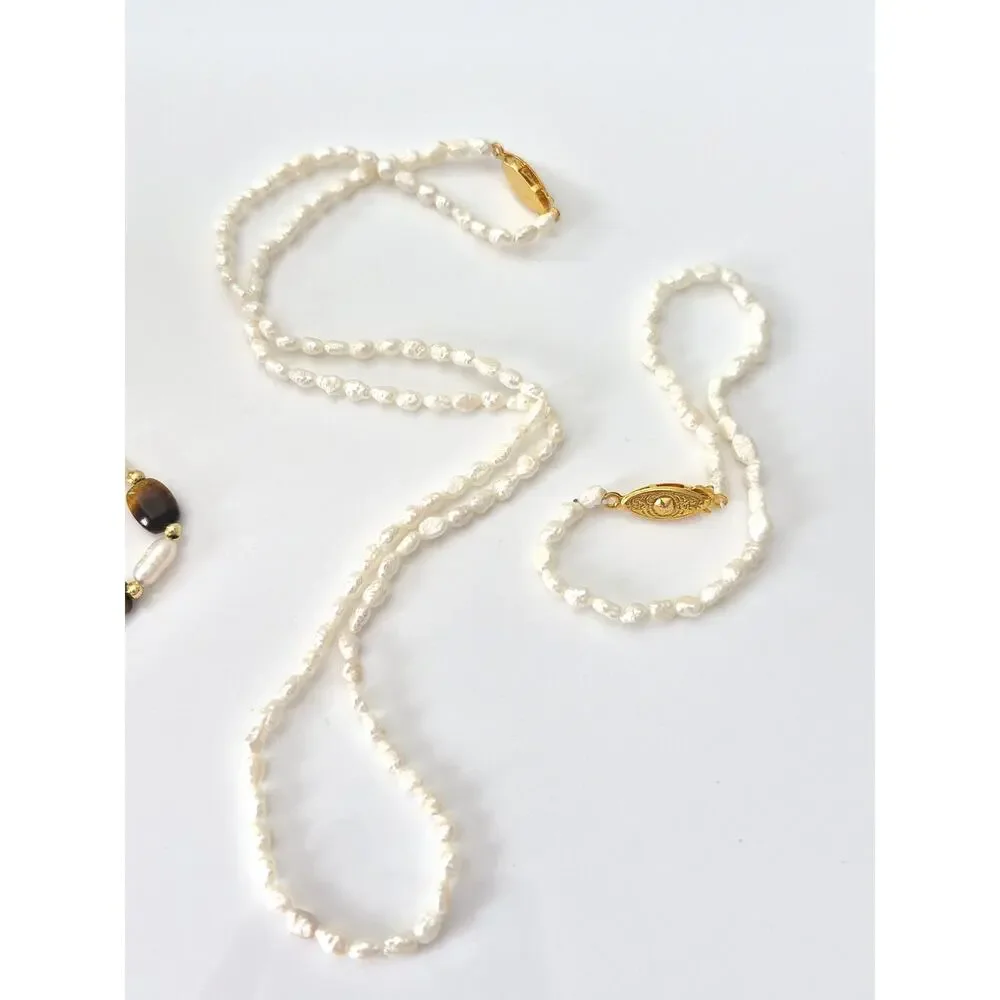 Freshwater Seed Pearl and Tiger Eye Jewelry Set of 2